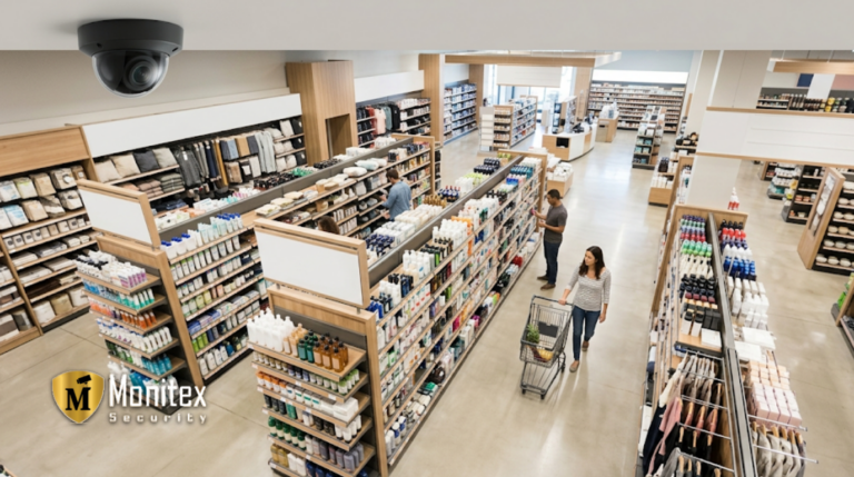 High-angle view of a retail store with a dome camera providing active retail security monitoring over product aisles.