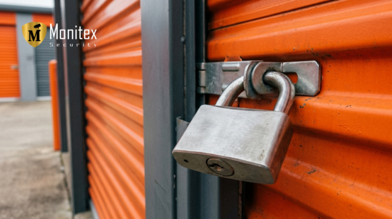 A secure padlock on an orange storage unit door, used as a traditional method to prevent theft.