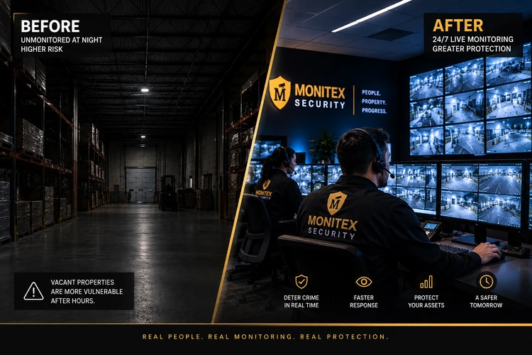 before monitoring of a dark warehouse versus after with 24/7 live monitoring